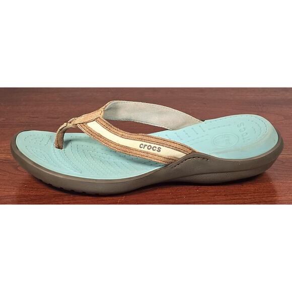 Crocs Sandals Womens Sz 10 Flip Flop Thong Brown Suede Toe Post Slip On Comfort - Picture 4 of 9